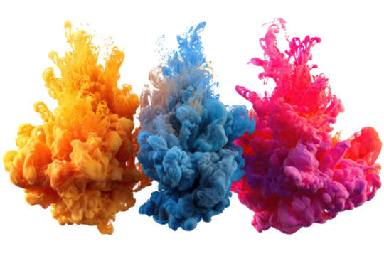 Three vibrant ink bursts of orange, blue, and pink, swirling against a black background