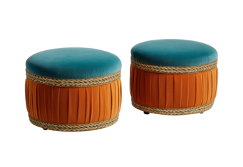 Two orange and teal pleated velvet footstools isolated on a transparent background