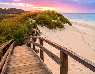 Obraz premium Wooden boardwalk on sandy beach at sunset perfect for travel brochures, beach vacation ads, coastal destinations websites, summerthemed designs.