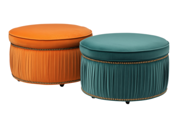 Two round pleated fabric ottomans isolated on a transparent background 1