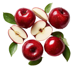 Red apples, whole and sliced, arranged in a cluster, with leaves