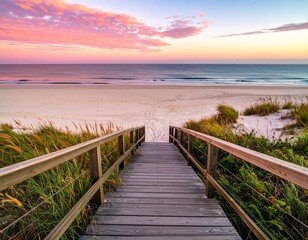 Fototapeta premium Wooden boardwalk extends towards a beach during a beautiful pink sunset, perfect for vacation and travel concepts in design projects.