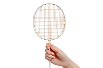 A hand holds a round, woven badminton racket.  The racket's frame is white, and the woven surface is light brown with hints of color