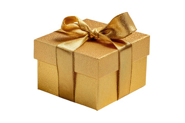 Gold gift box with a golden ribbon bow.  A square, textured golden gift box, elegantly tied with a golden ribbon bow