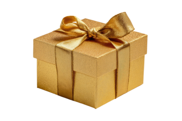 Gold gift box with a golden ribbon bow.  A square, textured golden gift box, elegantly tied with a golden ribbon bow