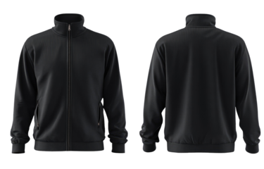 Full view of a dark gray/black zip-up jacket.  Front and back.  Zipper,  long sleeves,  relaxed fit