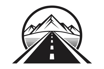 Black and white road to majestic mountains within a circle under a bright sky © Sonda