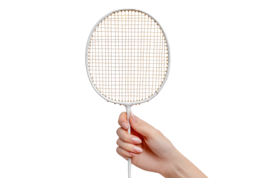 A hand holds a round, woven badminton racket.  The racket's frame is white, and the woven surface is light brown with hints of color - Powered by Adobe