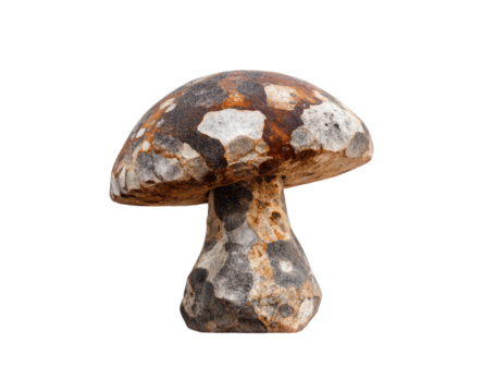 Close-up of a single mushroom.  Its cap is mottled with brown and gray,  showing a textured surface.  The stem is similarly textured and colored