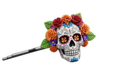 Sugar skull decorated with flowers isolated on transparent background