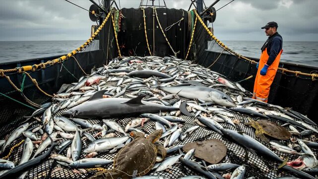 Fisherman on commercial trawler with net full of fish and bycatch including dolphins and sea turtle. Industrial fishing and environmental impact concept. Marine conservation awareness banner