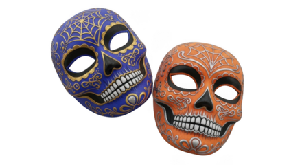 Two colorful sugar skull masks isolated on transparent background