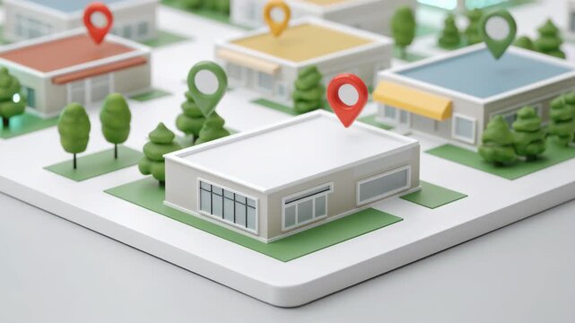 Small commercial building map location pin with shop and tree lined street stylized miniature city navigation scene showcasing modern storefronts