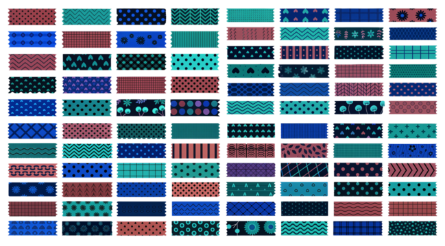 Colorful Decorative Washi Tape Pattern Designs on transparent background