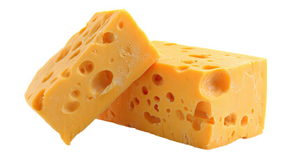 Two blocks of cheese, cut in half, with holes