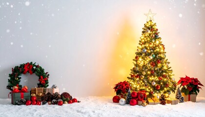 Obraz premium Festive christmas scene with decorated tree, wreath, and gifts. Perfect for holidaythemed designs, cards, and advertisements. Ideal for decor concepts.