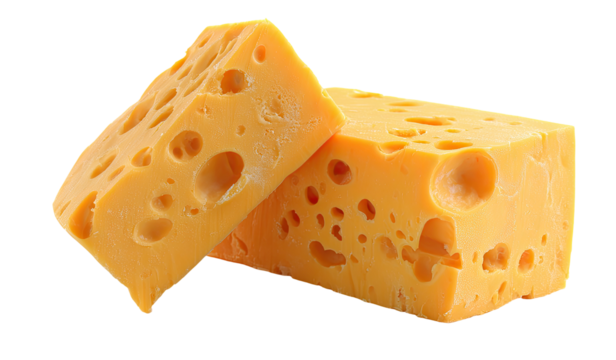 Two blocks of cheese, cut in half, with holes