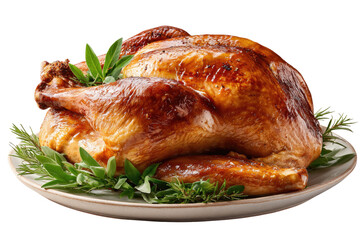 Roasted turkey on a plate, garnished with fresh herbs