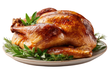 Roasted turkey on a plate, garnished with fresh herbs