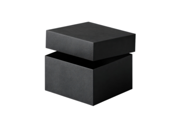 A dark gray, matte-finish, square box with the lid slightly ajar