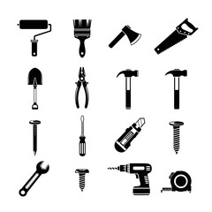 Set of black tool icons including hammer, wrench, drill, saw, pliers, and screwdriver. Perfect for construction, DIY, mechanic, and engineering design projects. Vector silhouette collection.