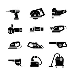 UntA set of black and white tool, cutter, and drill icons. Vector icon set. Isolated on a white background.itled