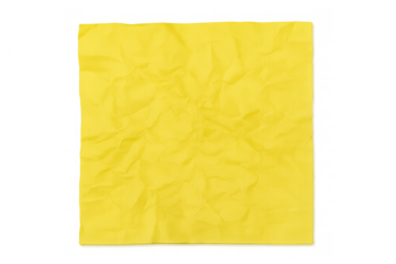 Crumpled yellow paper sheet texture with soft folds. Isolated blank wrinkled waste paper on transparent background