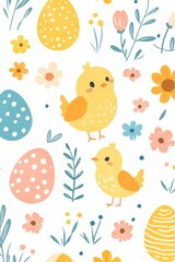 Seamless pattern of chicks, Easter eggs, flowers, and spring decorations