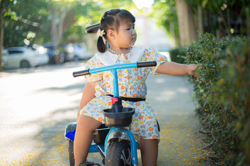 A cute little Asian girl is having fun riding a tricycle on holiday,An Asian Girl (Chinese) plays in the wild