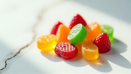 Assorted vitamin gummies on white marble