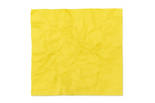 Crumpled yellow paper sheet texture with soft folds. Isolated blank wrinkled waste paper on transparent background