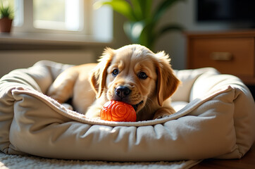 Golden Retriever Puppy Chewing Toy on Plush Dog Bed in Sunlit Living Room