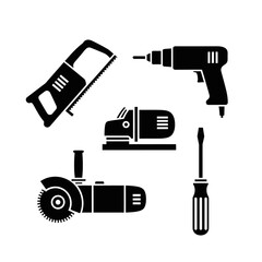 A set of black and white tool, cutter, and drill icons. Vector icon set. Isolated on a white background.