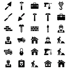 A collection of black and white construction, tools, and heavy equipment icons. Vector icon set. Isolated on a white background.