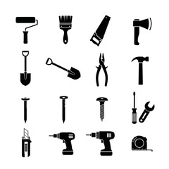 Set of black tool icons including hammer, wrench, drill, saw, pliers, and screwdriver. Perfect for construction, DIY, mechanic, and engineering design projects. Vector silhouette collection.