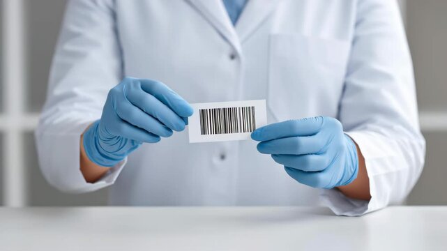 Medical technician laboratory technician gloved hand wearing sterile glove holding barcode label for sample identification clinical research