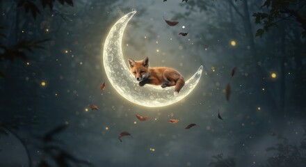 A cute fox kit sleeps soundly on a glowing crescent moon in a mystical forest at night, surrounded by fireflies and falling leaves.