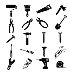 Set of black tool icons including hammer, wrench, drill, saw, pliers, and screwdriver. Perfect for construction, DIY, mechanic, and engineering design projects. Vector silhouette collection.