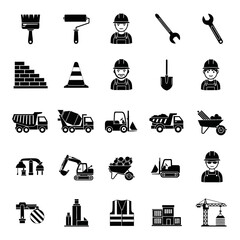 A collection of black and white construction, tools, and heavy equipment icons. Vector icon set. Isolated on a white background.