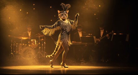 A cat in a flapper dress performs a jazz dance on stage with a live band.