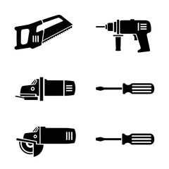 A set of black and white tool, cutter, and drill icons. Vector icon set. Isolated on a white background.