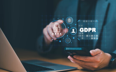 Business person access to personalize data privacy with password security access. Digital privacy concept to protect database and gdpr compliance to prevent data leak or digital threats.