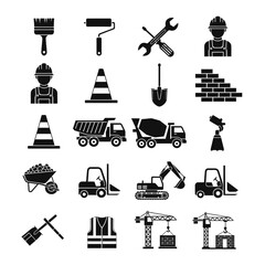 A collection of black and white construction, tools, and heavy equipment icons. Vector icon set. Isolated on a white background.