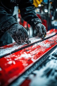 Close-up of technician waxing and maintaining ski equipment in a workshop