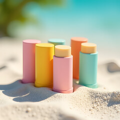 Reef-safe sunscreen sticks on white sand, pastel minimalist product shot