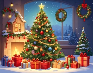 Festive holiday scene of a decorated Christmas tree with gifts