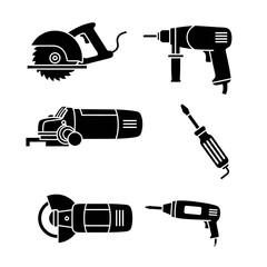 A set of black and white tool, cutter, and drill icons. Vector icon set. Isolated on a white background.