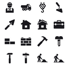 A collection of black and white construction, tools, and heavy equipment icons. Vector icon set. Isolated on a white background.