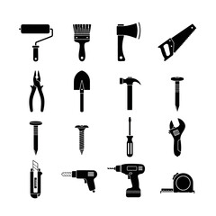 Set of black tool icons including hammer, wrench, drill, saw, pliers, and screwdriver. Perfect for construction, DIY, mechanic, and engineering design projects. Vector silhouette collection.