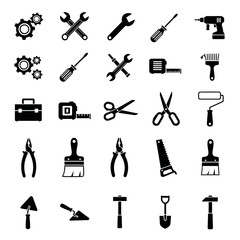 A series of black and white wrench tool icons. Vector icon set. Isolated on a white background.